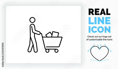Editable line icon of a stick figure walking with a shopping cart