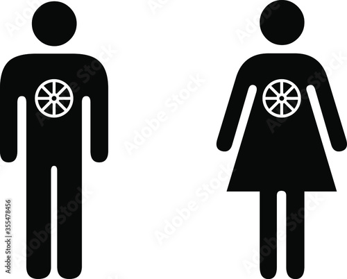 People icons - sincerely-held belief concept - man and woman with the Dharma Wheel / Buddhism.