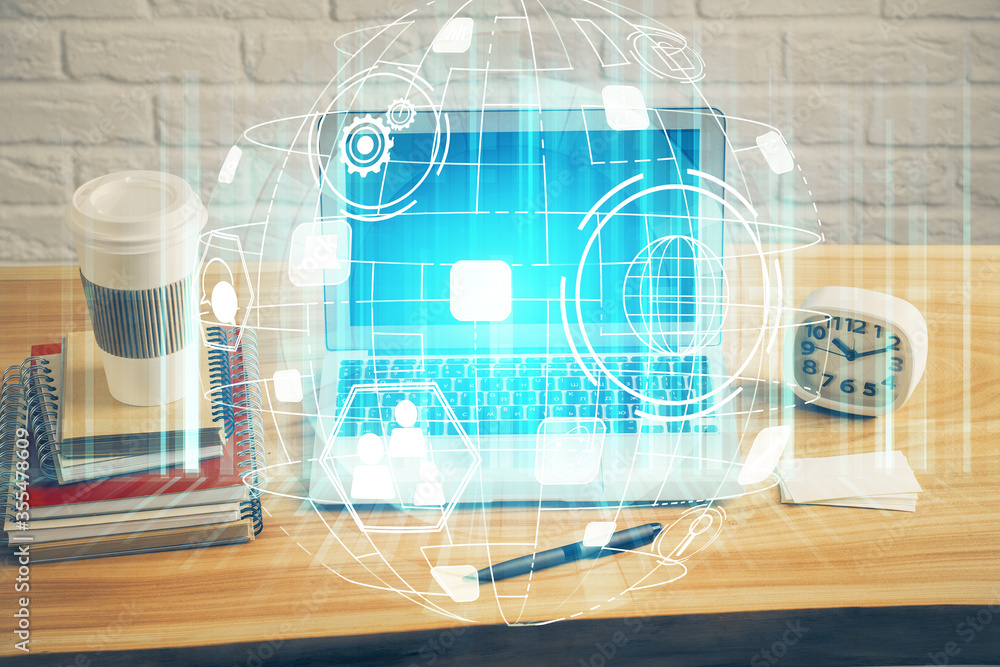 Computer on desktop with social network theme icon. Multi exposure. Concept of international connections. Computer on desktop with social network theme icon. Multi exposure. Concept of international connections.