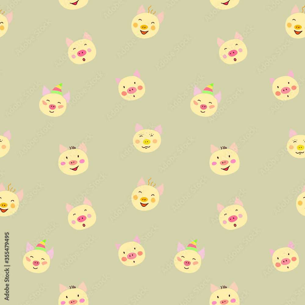 Seamless pattern with cartoon pig faces. Vector illustration.