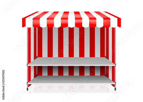 Market stall with top, back and side covers, vector illustration. Shelving counter stand with canopy, mockup