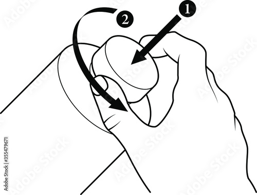 Diagram showing two-step process to open a child-proof / child-resistant bottle top. Push down and twist.