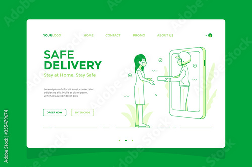 Safe delivery landing page concept, online shopping stay at home illustration