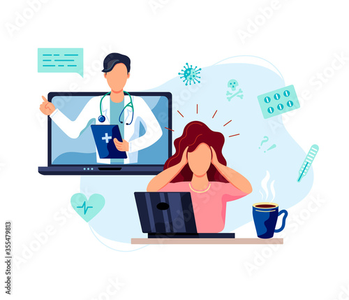 Tele medicine, online doctor and medical consultation concept. Doctor helps a patient on a laptop. Flat cartoon style vector illustration.