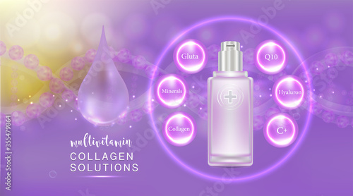 Beauty product ad design, purple cosmetic container with collagen solution advertising background ready to use, luxury skin care banner, illustration vector.