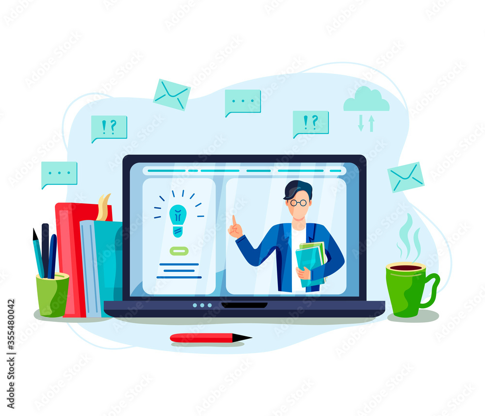 Online education, home schooling concept. Male teacher on laptop screen. Vector illustration isolated on white background. Flat cartoon style design. Online education, home schooling concept. Male teacher on laptop screen. Vector illustration isolated on white background. Flat cartoon style design.