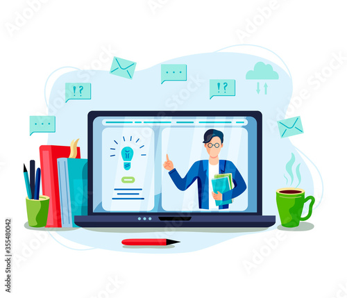 Online education, home schooling concept. Male teacher on laptop screen. Vector illustration isolated on white background. Flat cartoon style design.