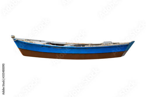 blue wooden fishing boat isolated on white background.
