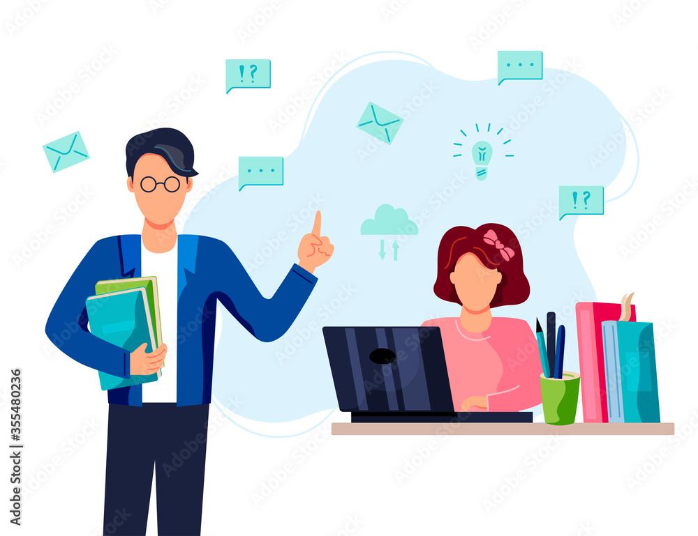 Teacher and female student is studing on computer. Flat cartoon style design vector illustration. Teacher and female student is studing on computer. Flat cartoon style design vector illustration.