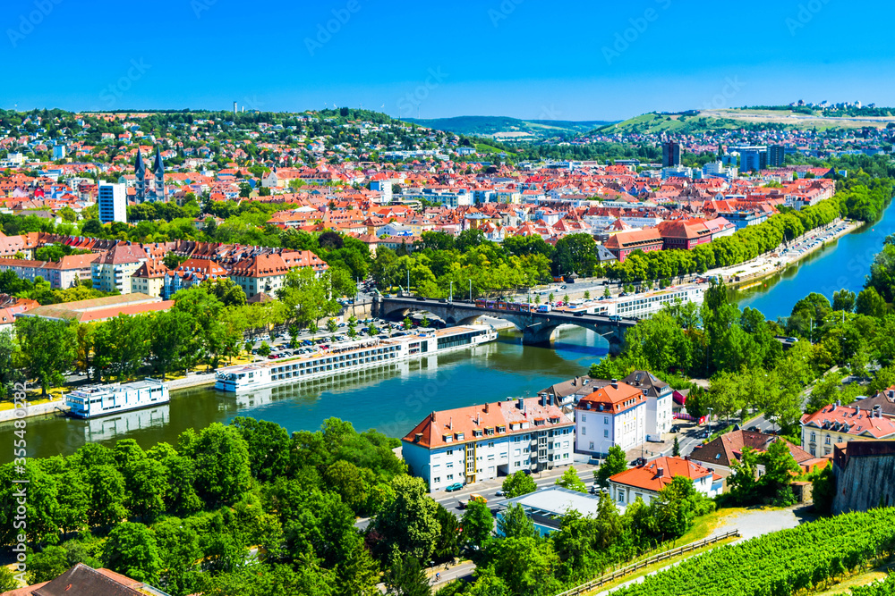 Cityscape of Wurzburg, which is located on Main River. Top view from the Marienberg Fortress (Festung Marienberg), which is the symbol of city.