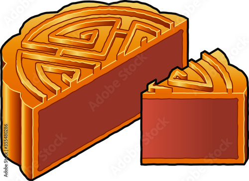 A cut baked Chinese moon cake with a golden pastry shell and a sweet filling of lotus paste.