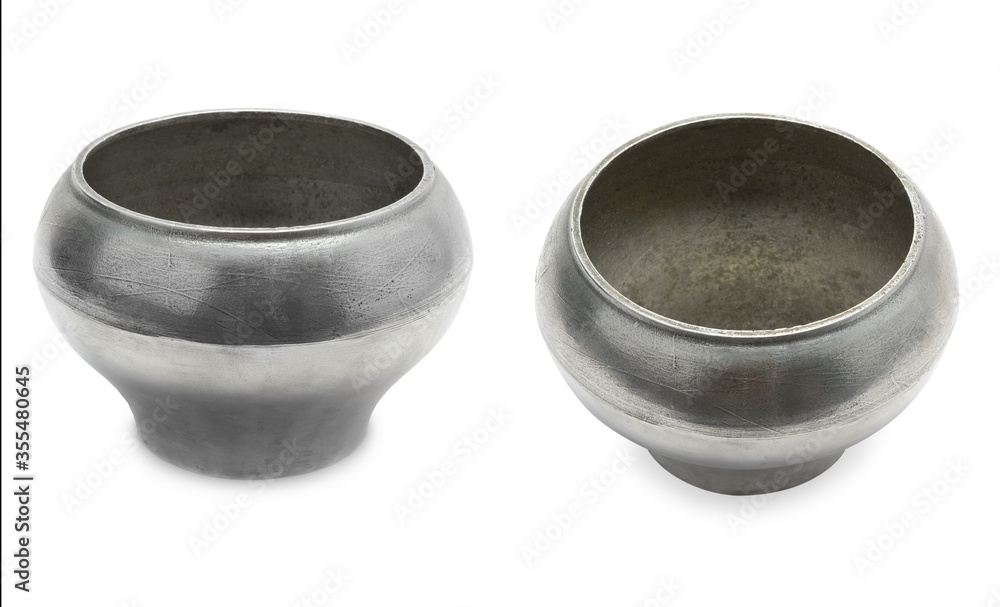 Panorama old metal pots from two foreshortenings isolated on white Panorama old metal pots from two foreshortenings isolated on white