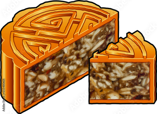 A cut baked Chinese moon cake with a golden pastry shell and a sweet filling of mixed nuts and fruit.