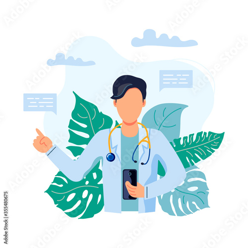 Doctor helps a patient on a mobile phone. Tele medicine, online doctor and medical consultation concept. Flat cartoon style vector illustration.
