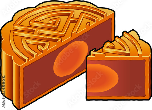 A cut baked Chinese moon cake with a golden pastry shell and a sweet filling of lotus paste and a salted egg yolk.