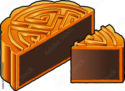 A cut baked Chinese moon cake with a golden pastry shell and a sweet filling of red bean paste.