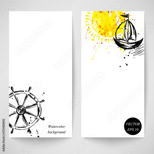 Watercolor background with the ship, the sun and the steering wheel. Summer. Vector.
