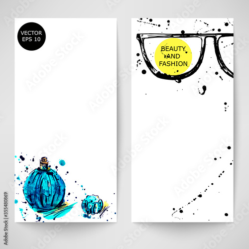 Watercolor background with sunglasses and women's perfume. Fashion illustration. Vector.