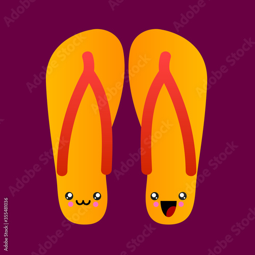 Cartoon flip flops with smiles vector image. Summer footwear with faces. Striped beach slippers happy characters. Doodle style.