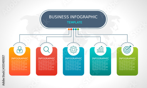 Business infographic Vector with 5 steps. Used for presentation, connection, information, strategy, technology, brainstorm, education, marketing, creative, growth, column,