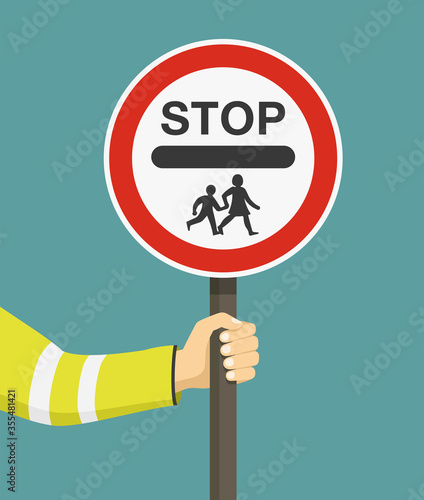 Hand holding school warden sign. United Kingdom road sign. Flat vector illustration.