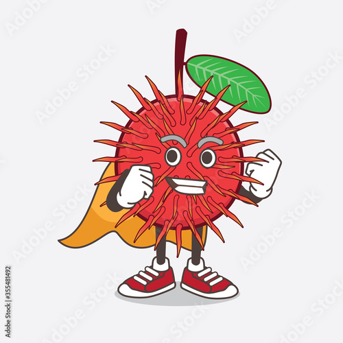 Rambutan Fruit cartoon mascot character dressed as a Super hero