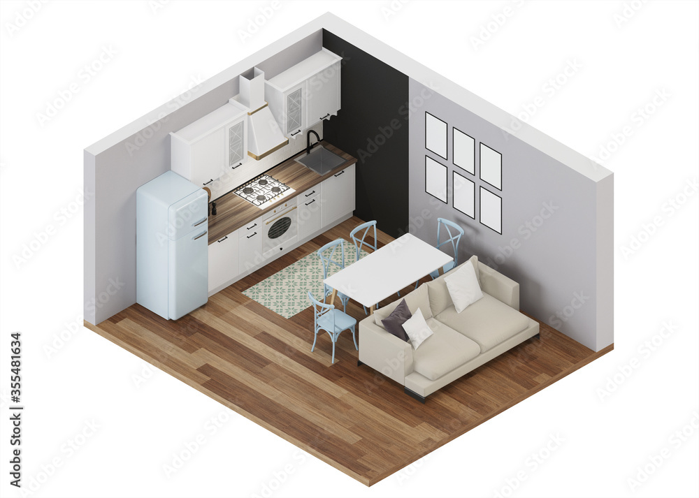 White classic kitchen interior with blue fridge and black chalk wall. Interior layout in orthogonal projection, top view. 3D rendering. White classic kitchen interior with blue fridge and black chalk wall. Interior layout in orthogonal projection, top view. 3D rendering.