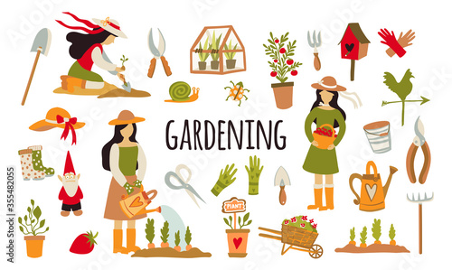 Gardening vector set. A girl watering vegetables, harvesting and planting plants. Fashionable flat style illustration. Garden tools, watering can, rake, pruner, greenhouse