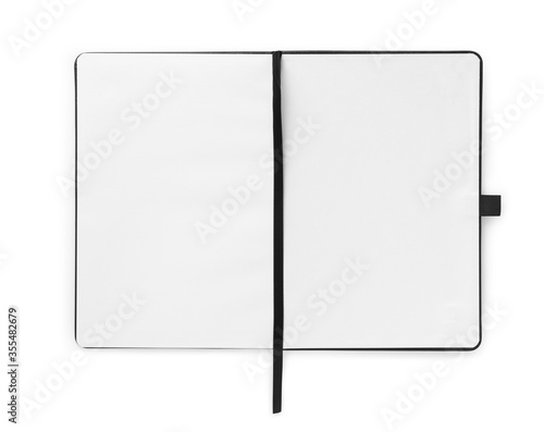 Blank opened notebook mockup isolated on white background. Top view, Clipping path. photo