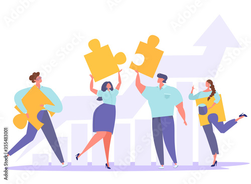 Business concept. People connect puzzle elements. Teamwork brings results, the schedule tends to the top. Flat vector illustration.