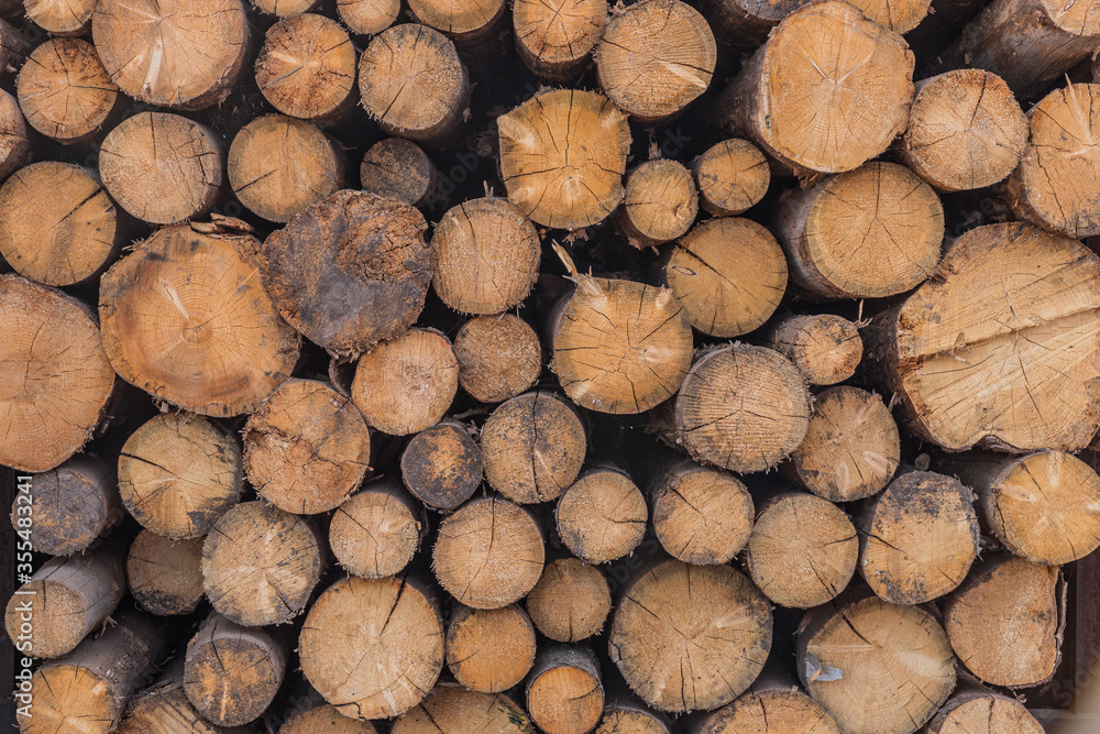 Pattern of wood logs stack. Wood storage for industry. Felled tree trunks. Firewood cut tree trunk logs stacked prepared. Deforestation for Industrial production. Pattern of wood logs stack. Wood storage for industry. Felled tree trunks. Firewood cut tree trunk logs stacked prepared. Deforestation for Industrial production.