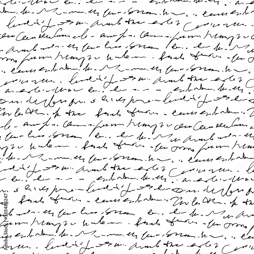 Handwritten abstract text vector seamless pattern, monochrome script isolated on white background