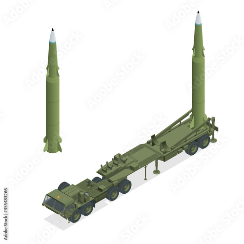 Isometric Army tractor with a rocket. Medium Range Ballistic Missile. Conventional high explosive-unitary, penetration, sub-munitions, incendiary, thermobaric, strategic nuclear weapon
