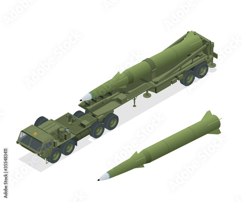 Isometric Army tractor with a rocket. Medium Range Ballistic Missile. Conventional high explosive-unitary, penetration, sub-munitions, incendiary, thermobaric, strategic nuclear weapon