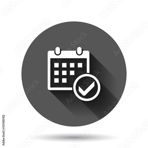 Calendar icon in flat style. Agenda vector illustration on black round background with long shadow effect. Schedule planner circle button business concept.