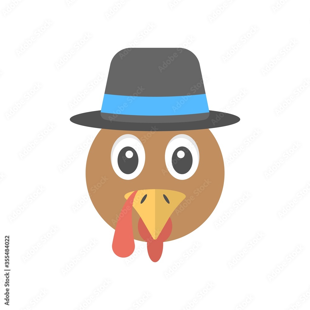 Animated hen face icon in flat design style. Chicken rooster, cock with hat. Creative logo, mascot design element.