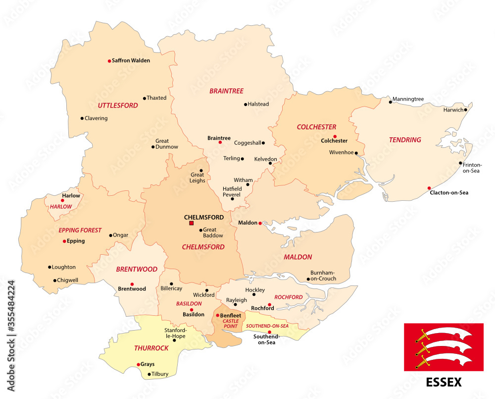 administrative vector map of the english county essex with flag