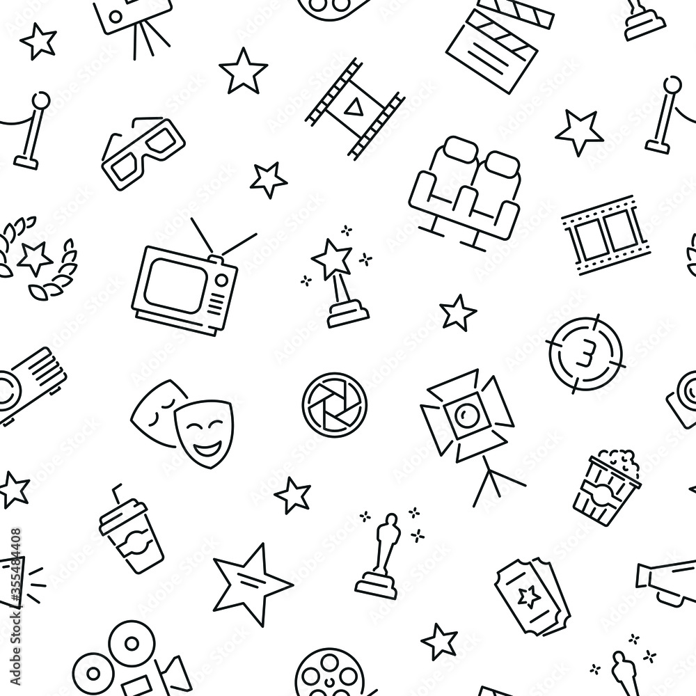 Seamless pattern with cinema. Black and white thin line icons