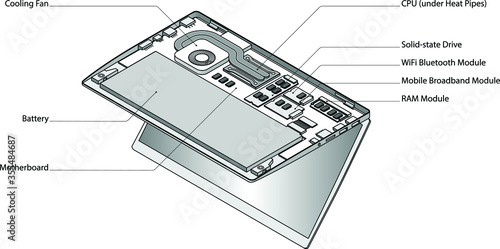 Line-art detailed isometric drawing of a laptop computer with bottom cover removed to show components.