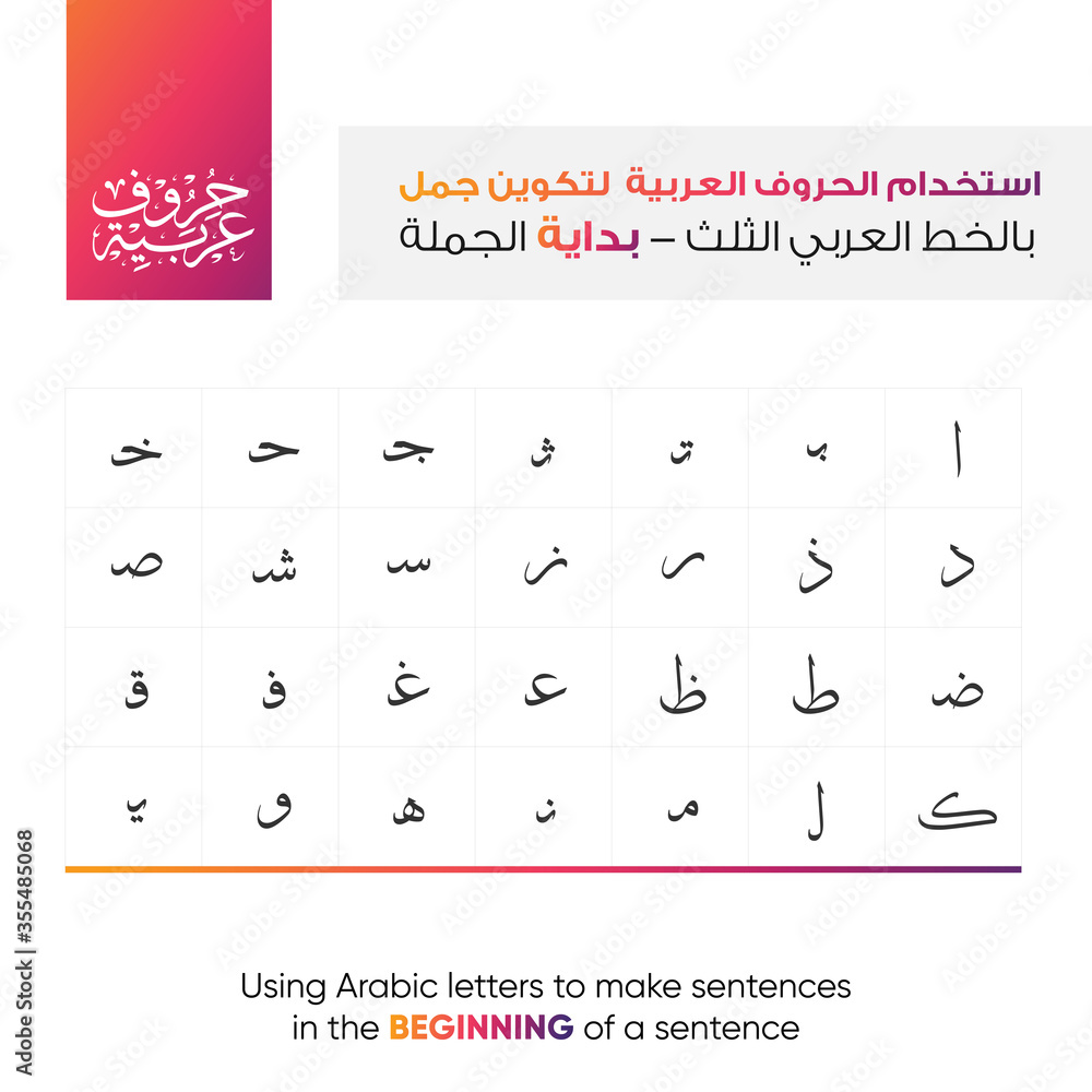 Arabic alphabet letters in Thuluth style translation Arabic text is (using Arabic letters in