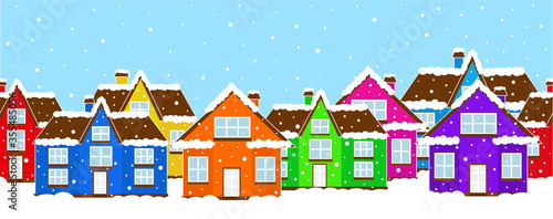 Seamless banner multicolored houses snow winter landscape vector illustration.