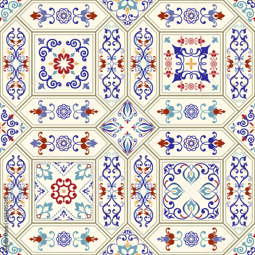 Seamless ceramic tile with colorful patchwork. Vintage multicolor pattern in turkish style. Endless pattern can be used for ceramic tile, wallpaper, linoleum, textile, web page background. Vector