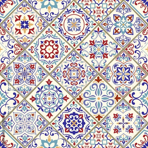 Seamless ceramic tile with colorful patchwork. Vintage multicolor pattern in turkish style. Endless pattern can be used for ceramic tile, wallpaper, linoleum, textile, web page background. Vector