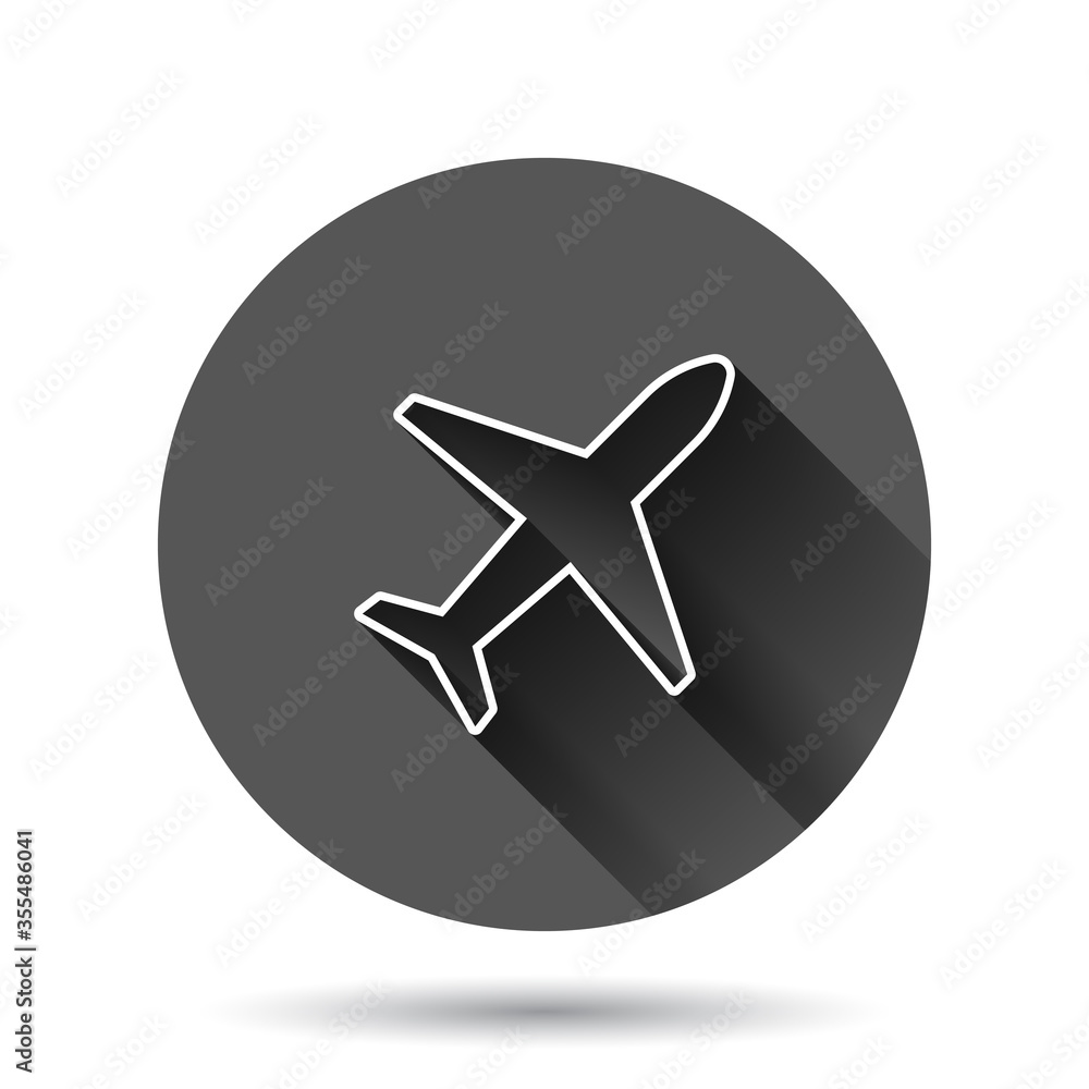 Plane icon in flat style. Airplane vector illustration on black round background with long shadow effect. Flight airliner circle button business concept. Plane icon in flat style. Airplane vector illustration on black round background with long shadow effect. Flight airliner circle button business concept.