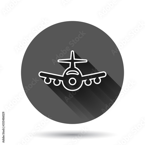 Plane icon in flat style. Airplane vector illustration on black round background with long shadow effect. Flight airliner circle button business concept. © Lysenko.A