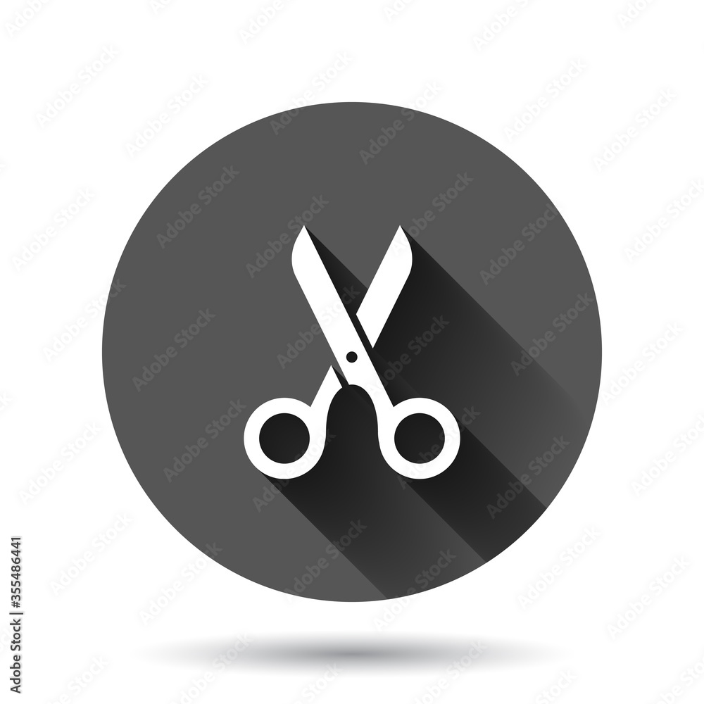 Scissor icon in flat style. Cut equipment vector illustration on black round background with long shadow effect. Cutter circle button business concept. Scissor icon in flat style. Cut equipment vector illustration on black round background with long shadow effect. Cutter circle button business concept.