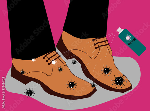 Alcohol spray bottle. Cleaning shoes from coronavirus (COVID-19) and bacteria when arrive home. Flat vector Illustration.