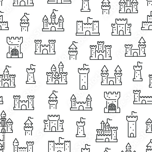 Seamless pattern with castles. Black and white thin line icons © Mykola