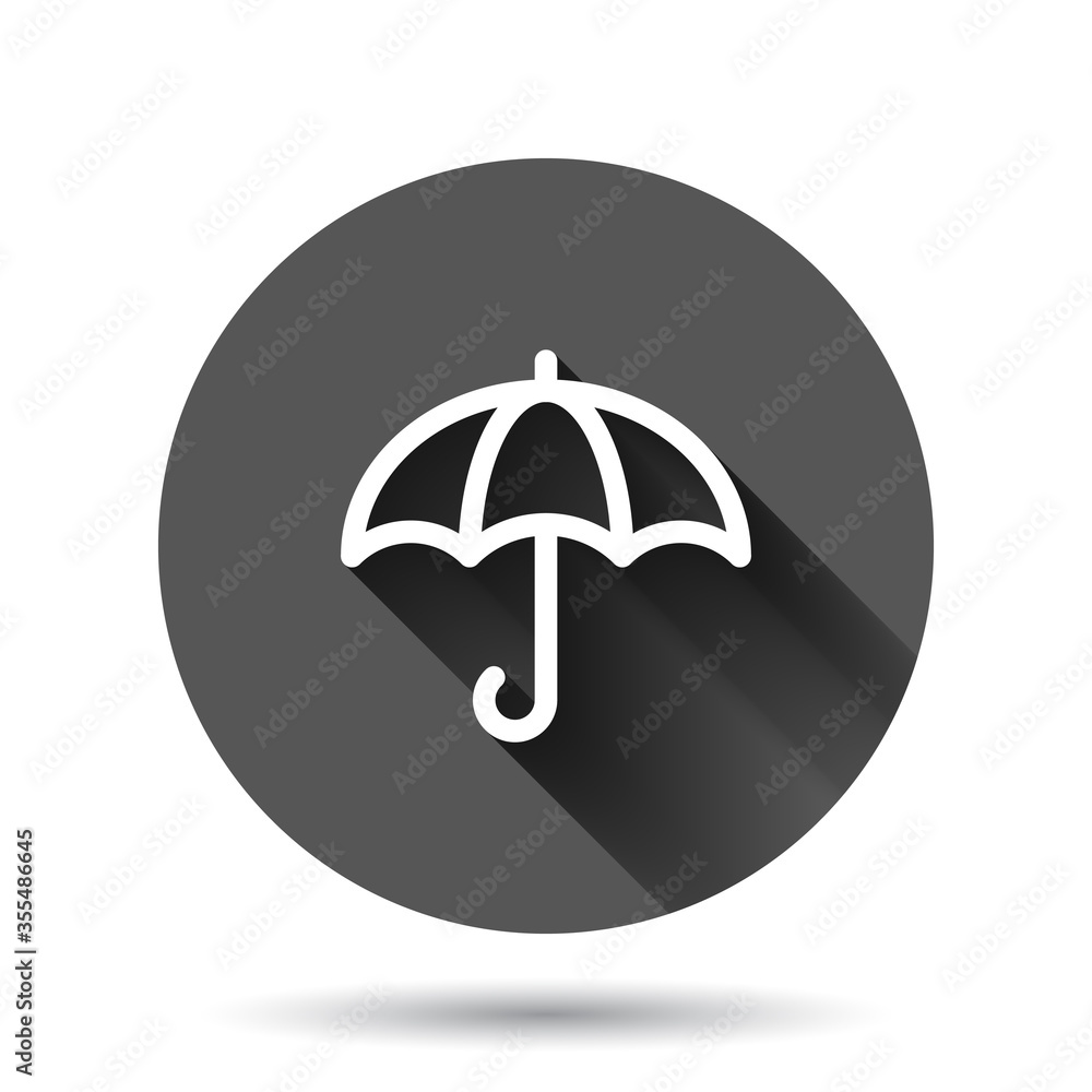 Umbrella icon in flat style. Parasol vector illustration on black round background with long shadow effect. Canopy circle button business concept.