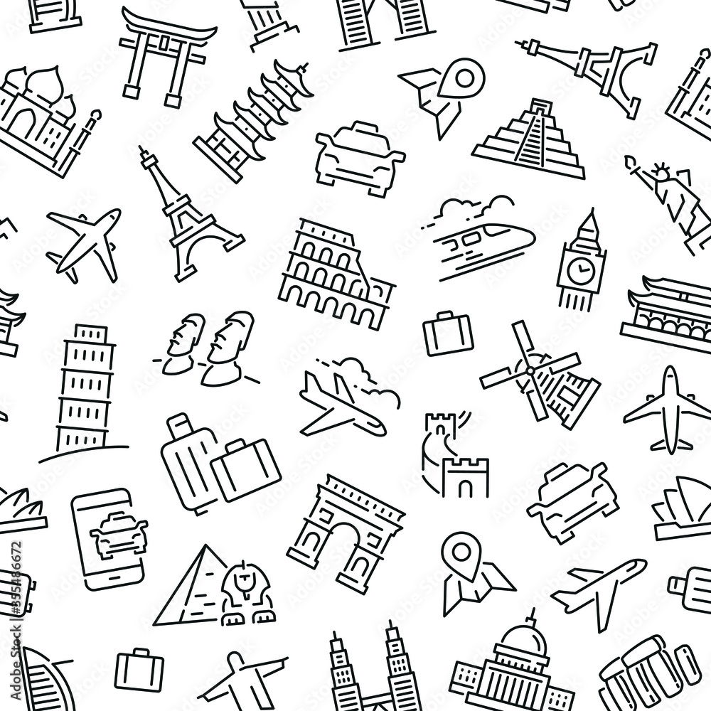 Seamless pattern with tourism and travel. Black and white thin line icons